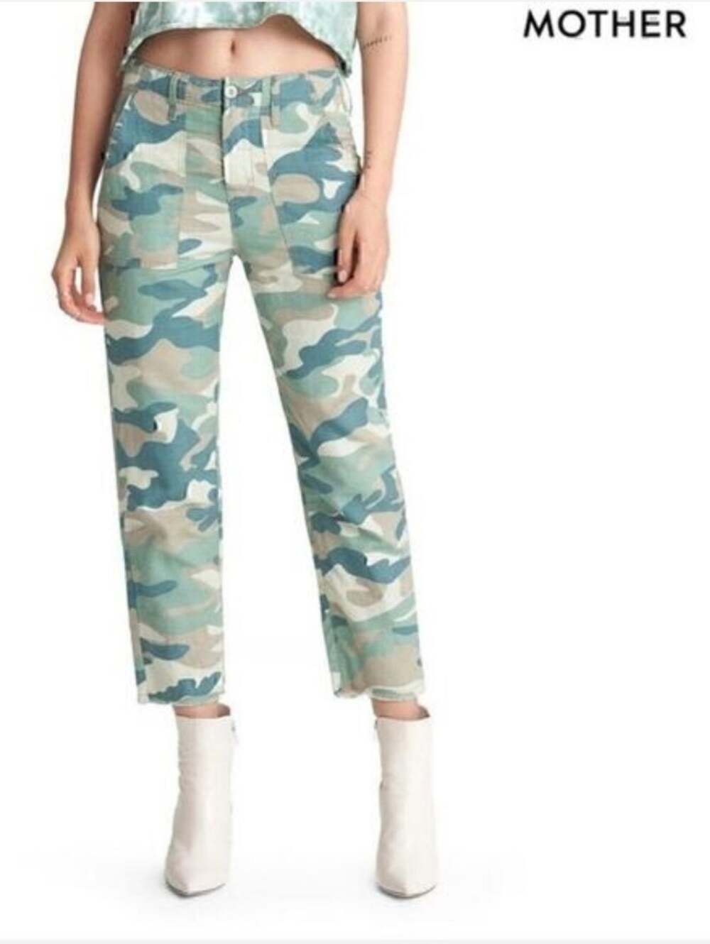Mother The Shaker Chop Blue Green Camo Linen-Blend Crop Jean Size 26